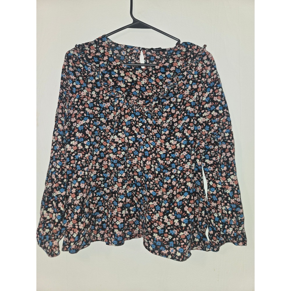 Madewell Floral Long Sleeve Cotton Blouse‎ Black Blue Pink Size Large